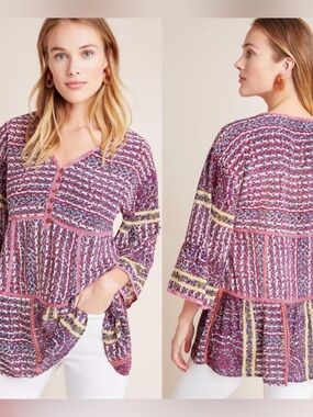 Maeve Anthropologie Silk Printed Pink BohemianTunic Top Size XS #summer #boho